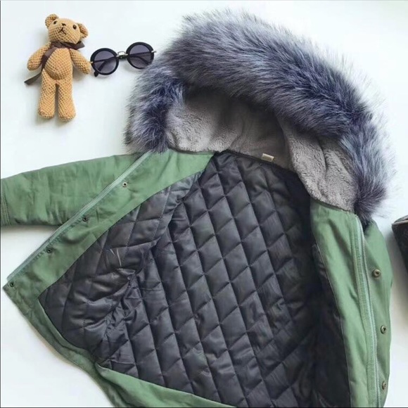 Olive green Utility Jacket with fax fur Hood - Picture 3 of 3